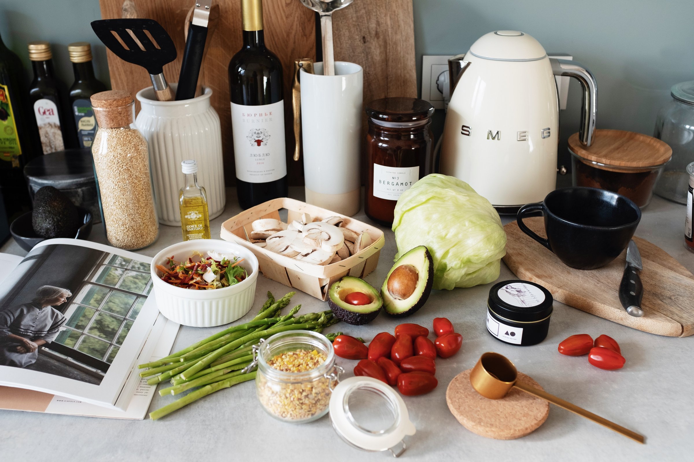 Ingredients for recipe on kitchen worktop